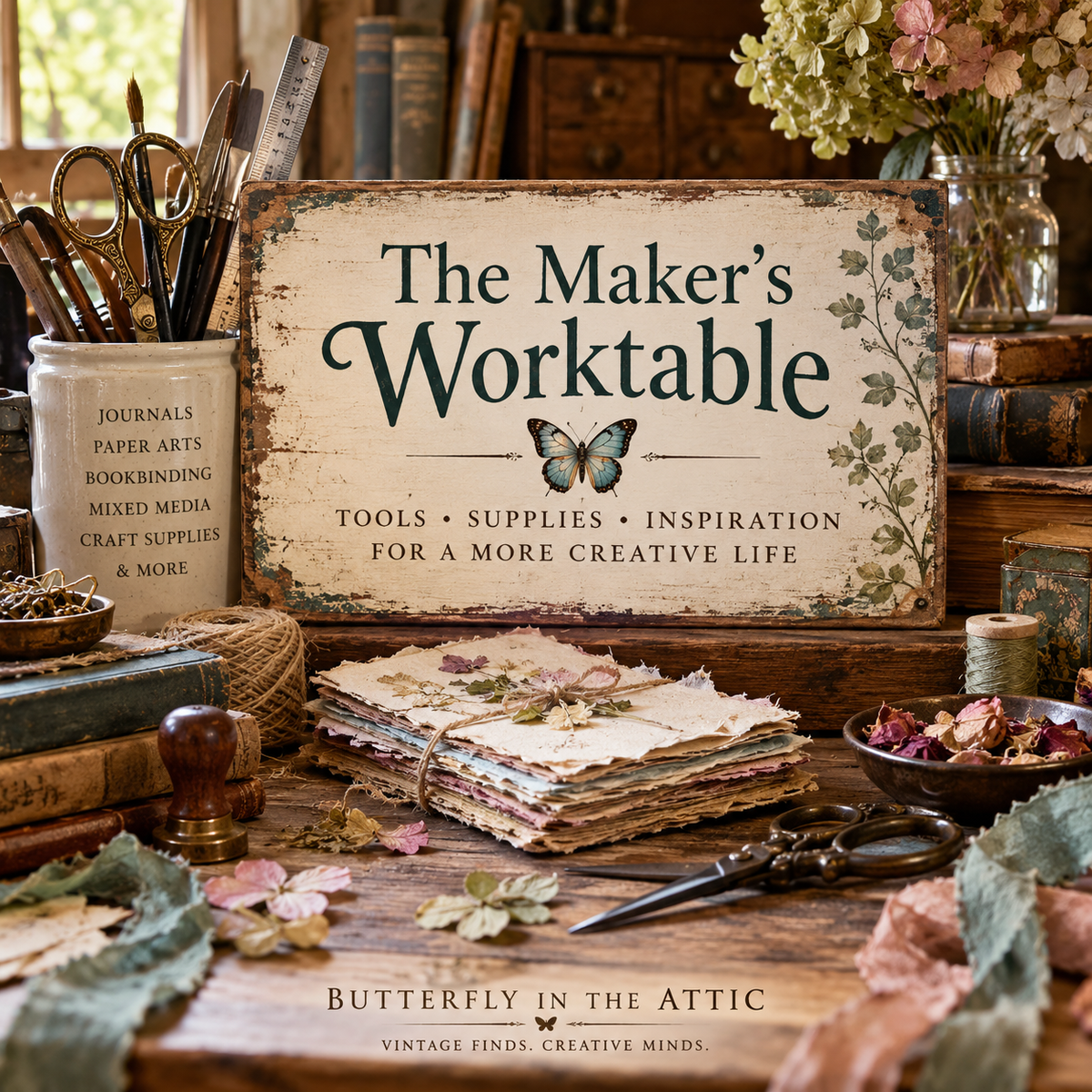 The Maker’s Worktable at Butterfly in the Attic with vintage craft tools, handmade papers, scissors, books, ribbons and botanical details.