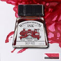 Winsor & Newton Deep Red ink in a small rectangular glass bottle with a black cap, shown on a white background with red ink splatters and a small color sample swatch.