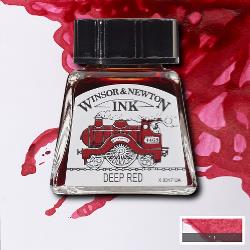 Winsor & Newton Deep Red ink in a small rectangular glass bottle with a black cap, shown on a white background with red ink splatters and a small color sample swatch.