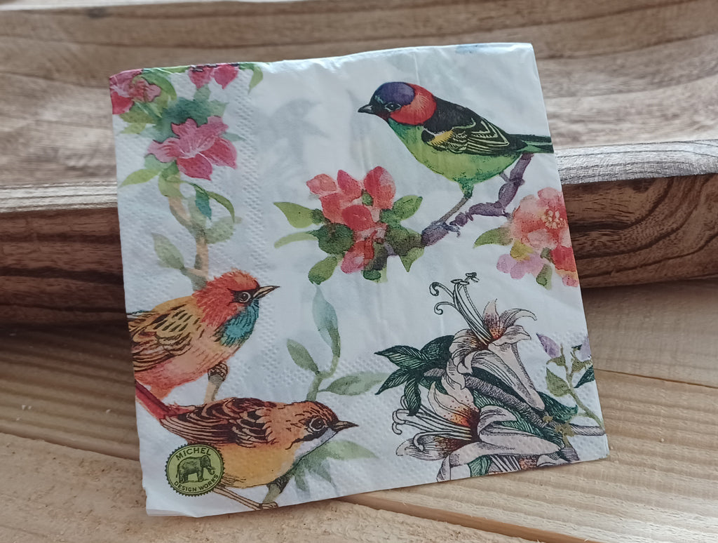 Garden Aviary No. 001 | Decorative Cocktail Napkin with Vintage Songbirds & Lilies for Decoupage & Paper Crafts