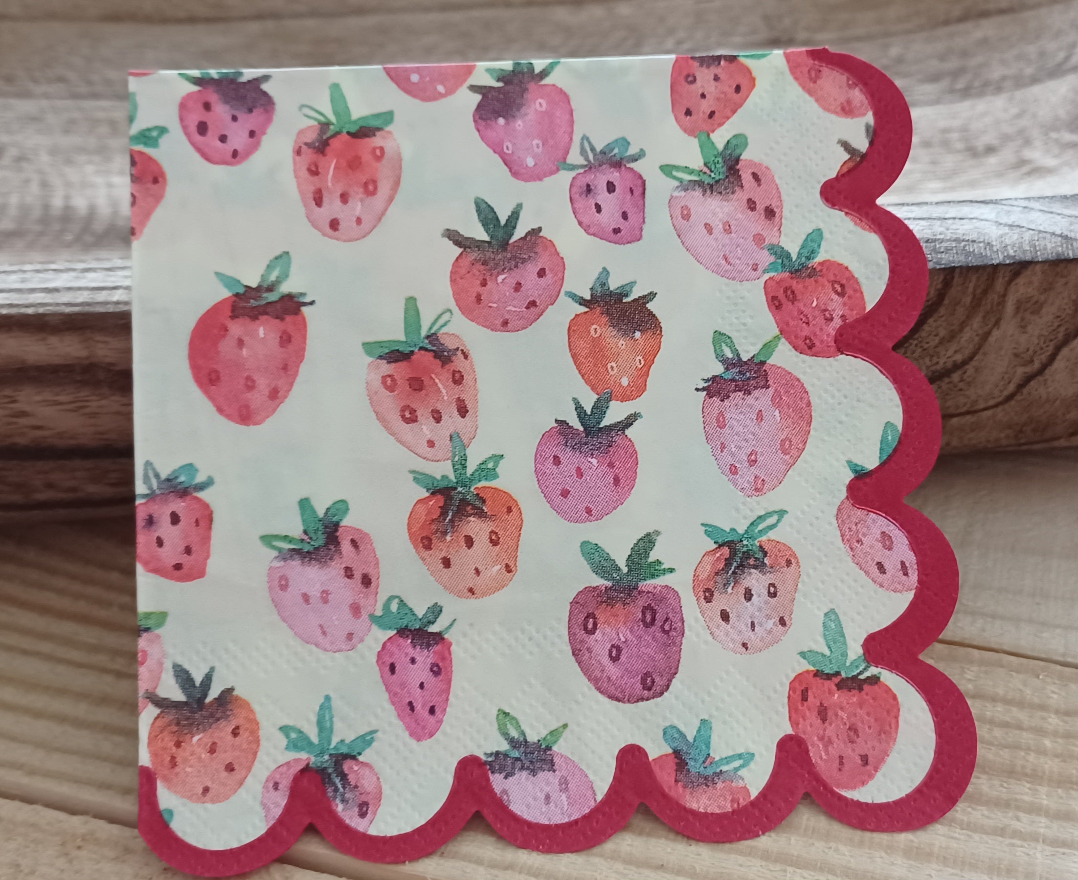 🍓Strawberry Patch 001 Cocktail Napkins | Strawberry Paper Napkins | Scalloped Edge Napkins | Decoupage Napkins | Summer Party Decor | 5x5"