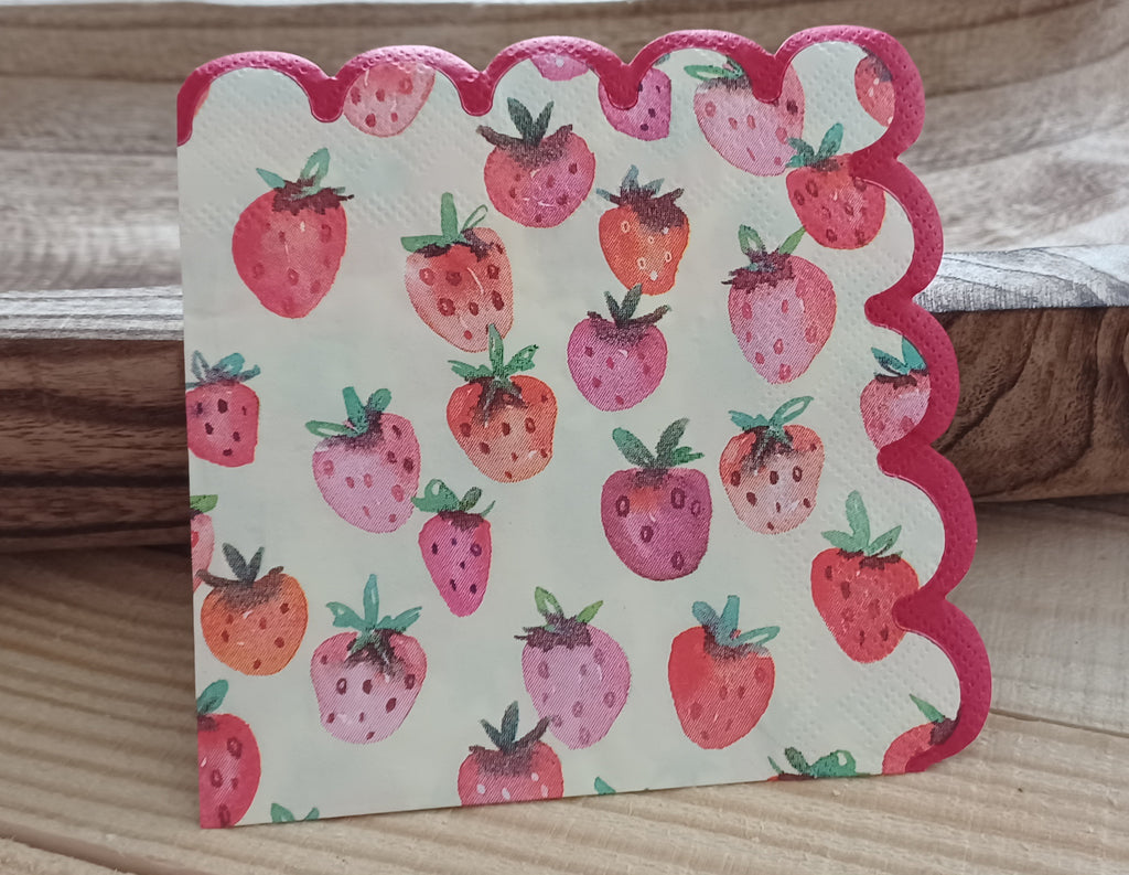 🍓Strawberry Patch 001 Cocktail Napkins | Strawberry Paper Napkins | Scalloped Edge Napkins | Decoupage Napkins | Summer Party Decor | 5x5"