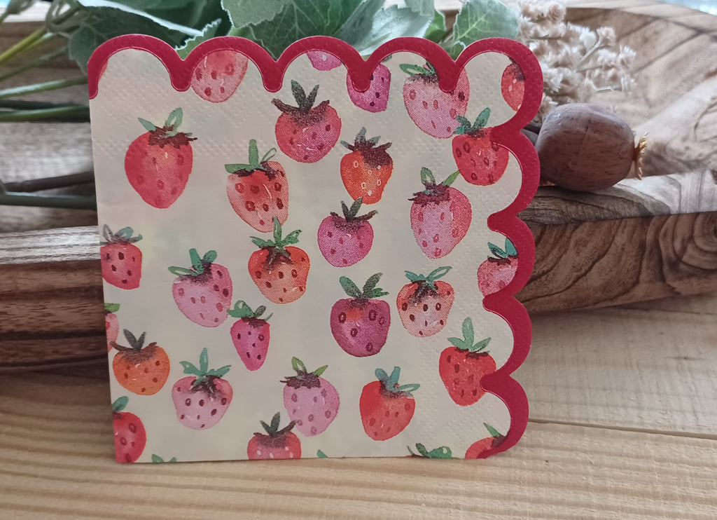 🍓Strawberry Patch 001 Cocktail Napkins | Strawberry Paper Napkins | Scalloped Edge Napkins | Decoupage Napkins | Summer Party Decor | 5x5"