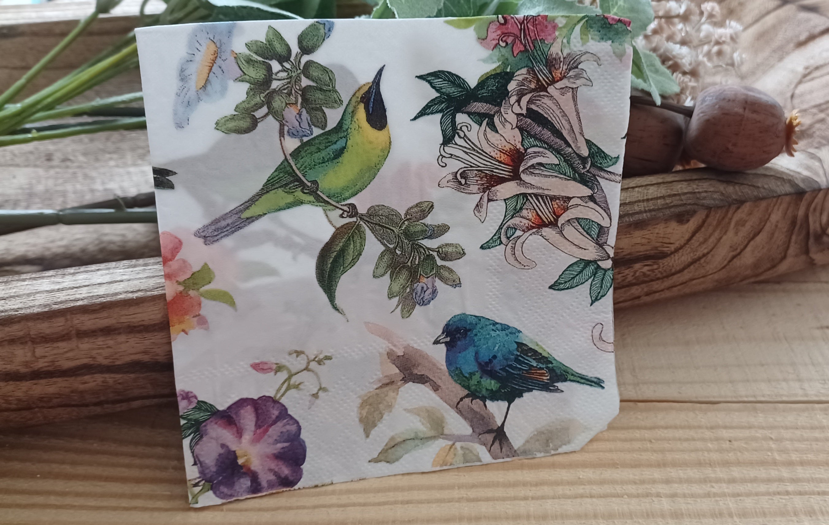 Garden Aviary No. 001 | Decorative Cocktail Napkin with Vintage Songbirds & Lilies for Decoupage & Paper Crafts