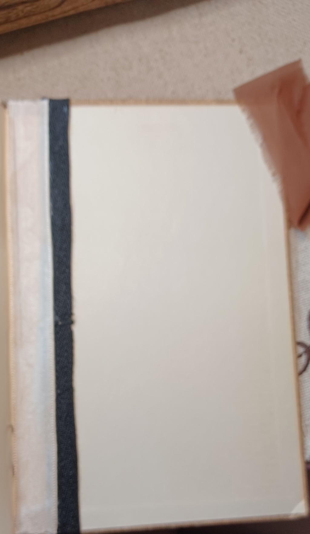 A close-up of a blank off-white notebook or journal cover with a dark navy blue vertical stripe down the left side, resting on a textured beige surface.