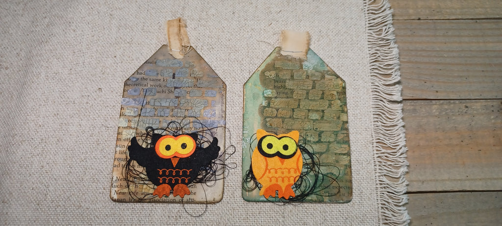 Grungy Halloween Owl Tags — Weathered Stone | Set of 2