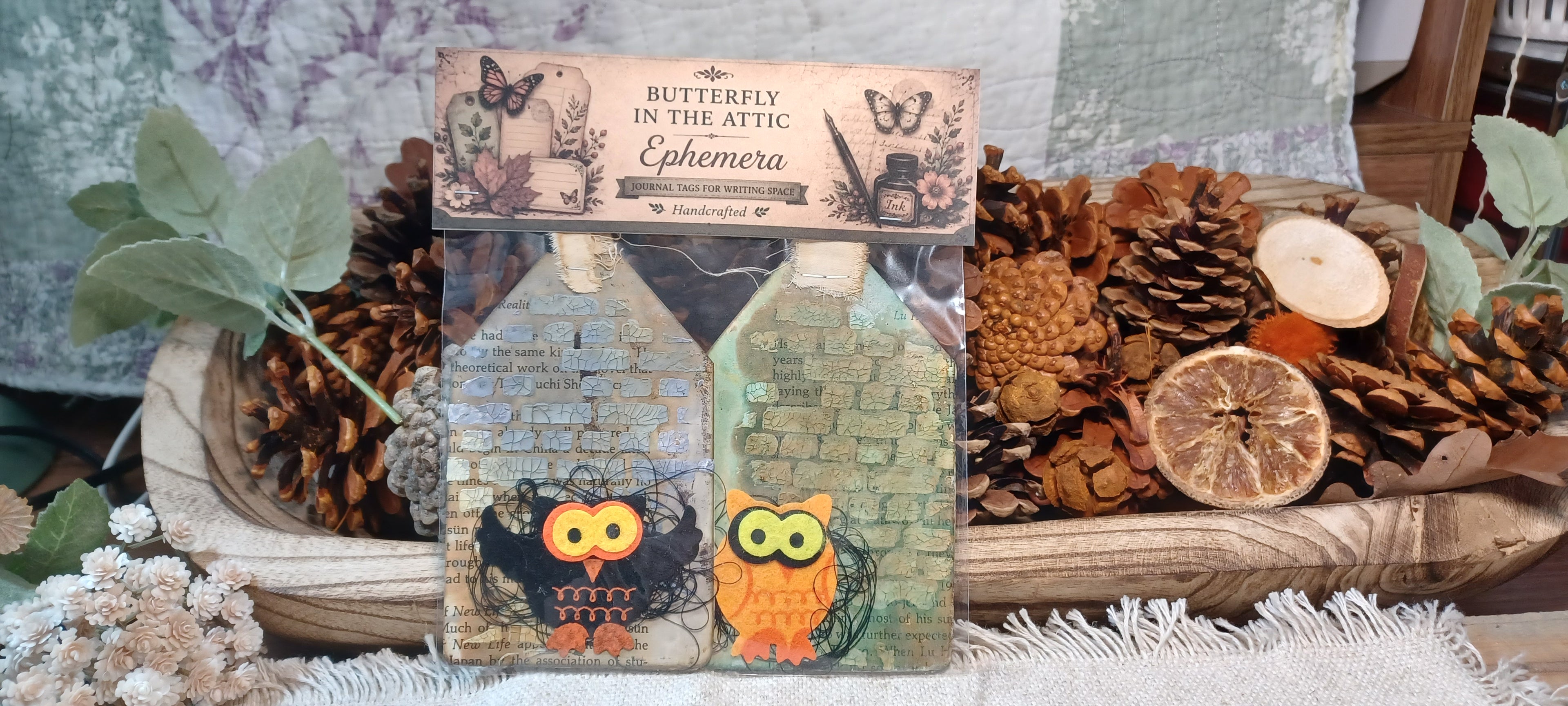 Grungy Halloween Owl Tags — Weathered Stone | Set of 2
