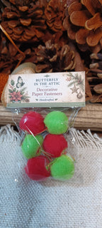 Red and green Christmas pom-pom decorative paper fasteners set of six