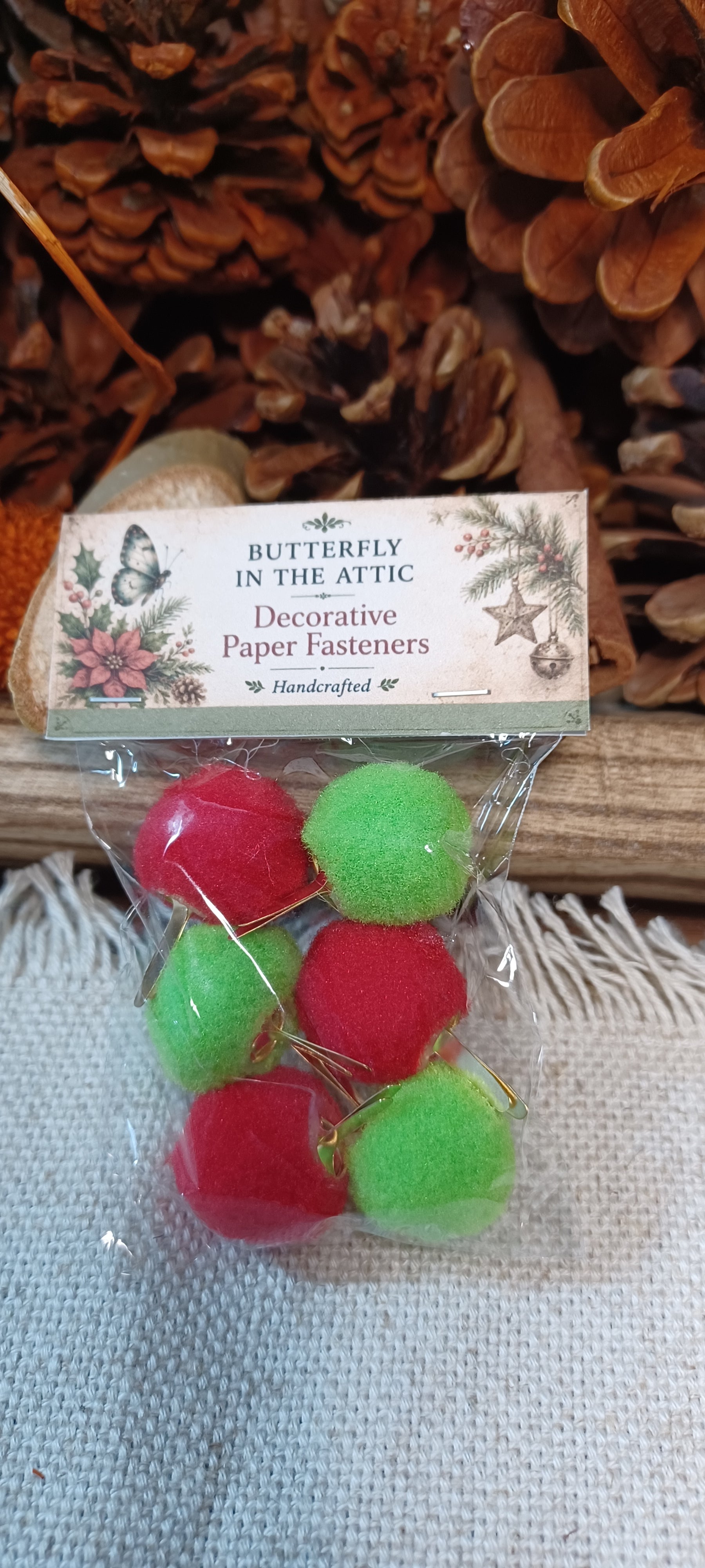 Red and green Christmas pom-pom decorative paper fasteners set of six
