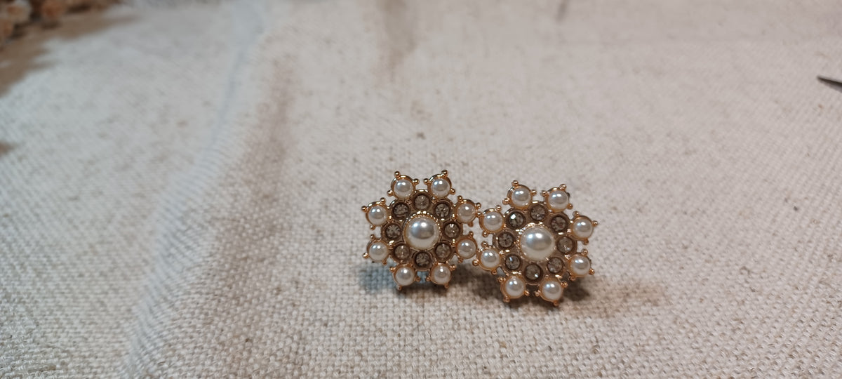 A pair of vintage-style floral decorative paper fasteners with white faux pearls and gold-toned metal, resting on a textured beige linen fabric background.