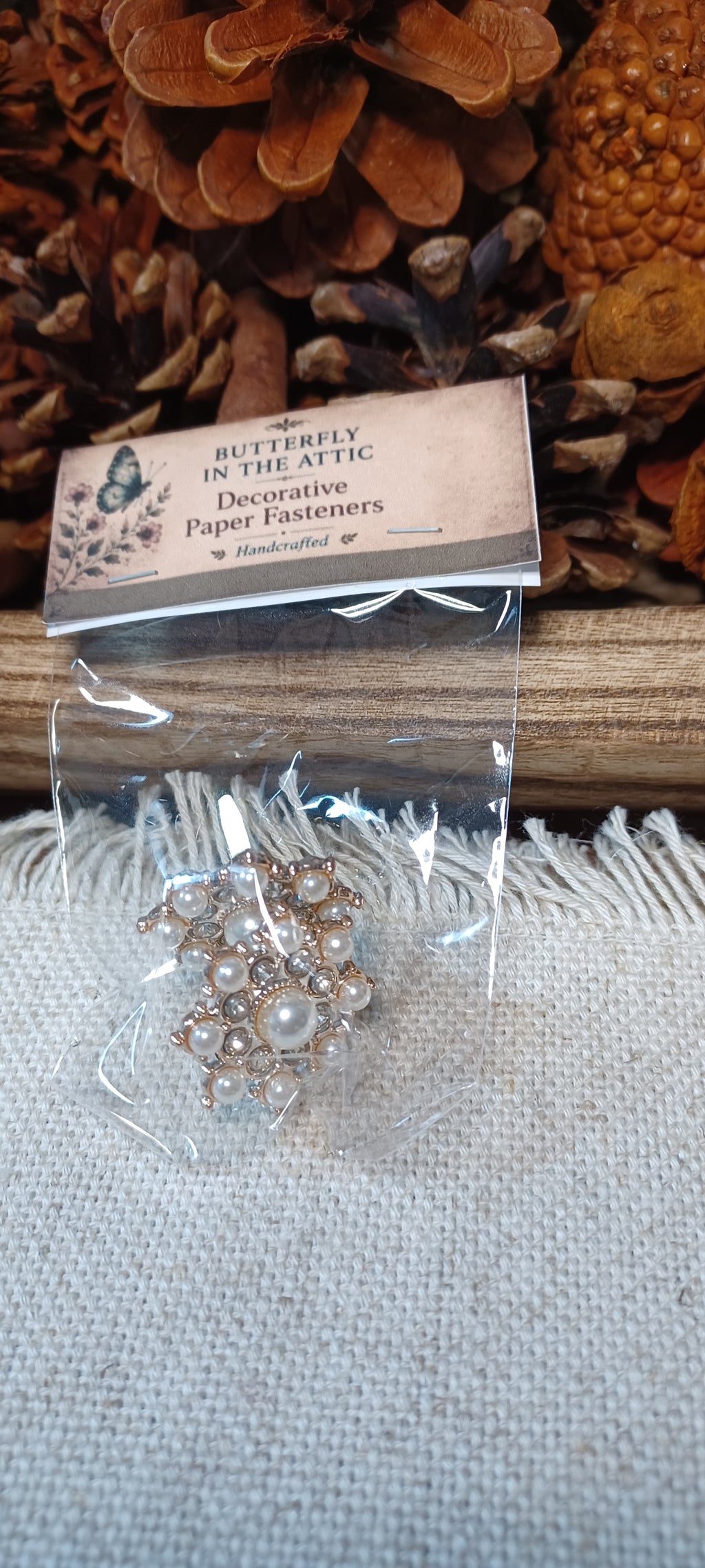 A small clear plastic bag containing a decorative paper fastener labeled 'Butterfly in the Attic,' placed on a textured fabric surface with pinecones and dried foliage in the background.