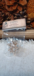A small clear plastic bag containing a decorative paper fastener labeled 'Butterfly in the Attic,' placed on a textured fabric surface with pinecones and dried foliage in the background.