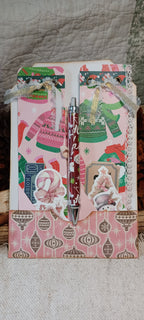 Handmade pink Christmas stationery set with two holiday notepads, Christmas pen, paper ephemera and tag-shaped holder