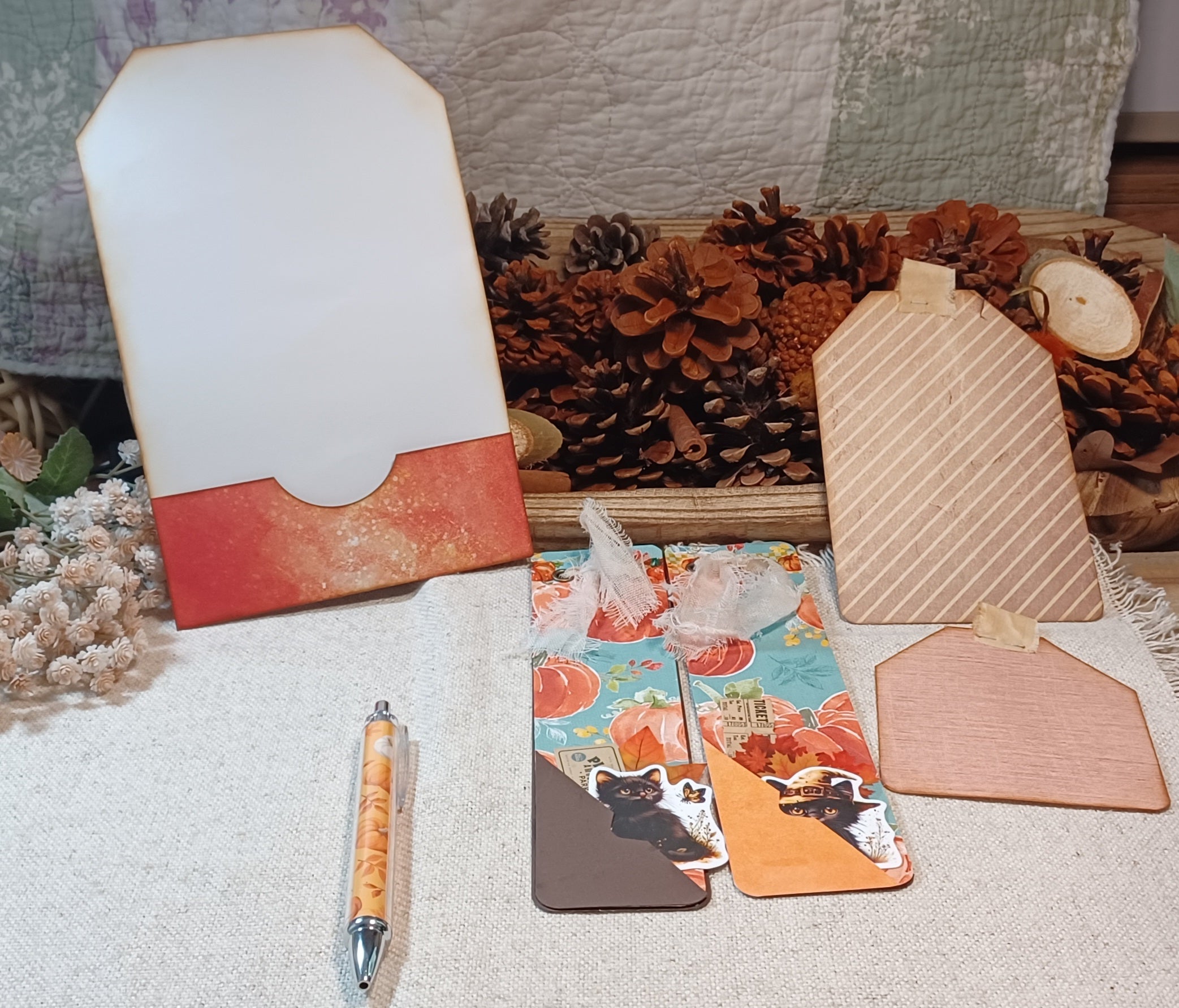 Complete Pumpkin Patch Mischief mini journal kit arranged inside handmade holder