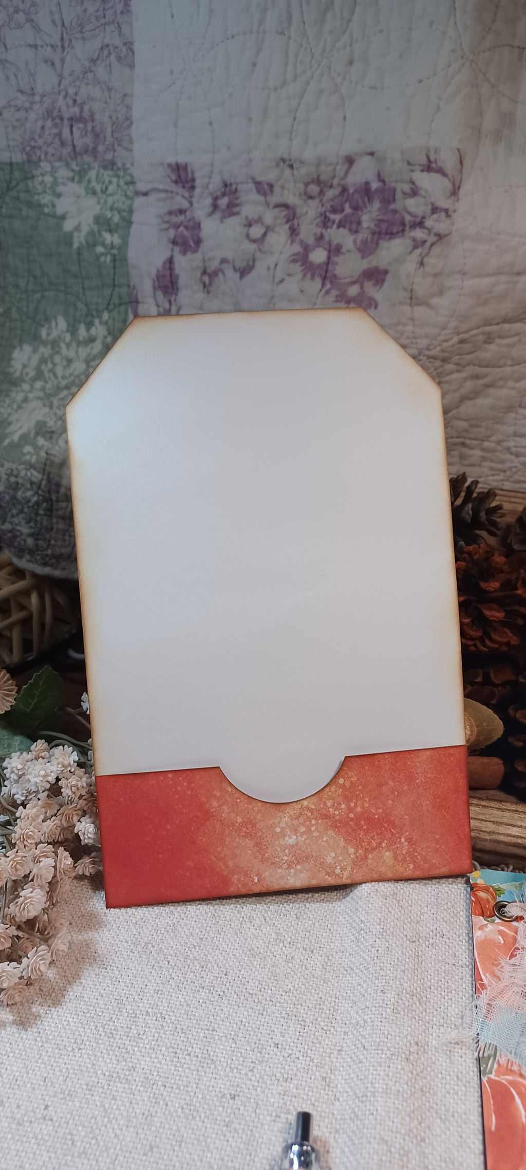 Large handmade autumn tag holder with warm coral orange and cream paper