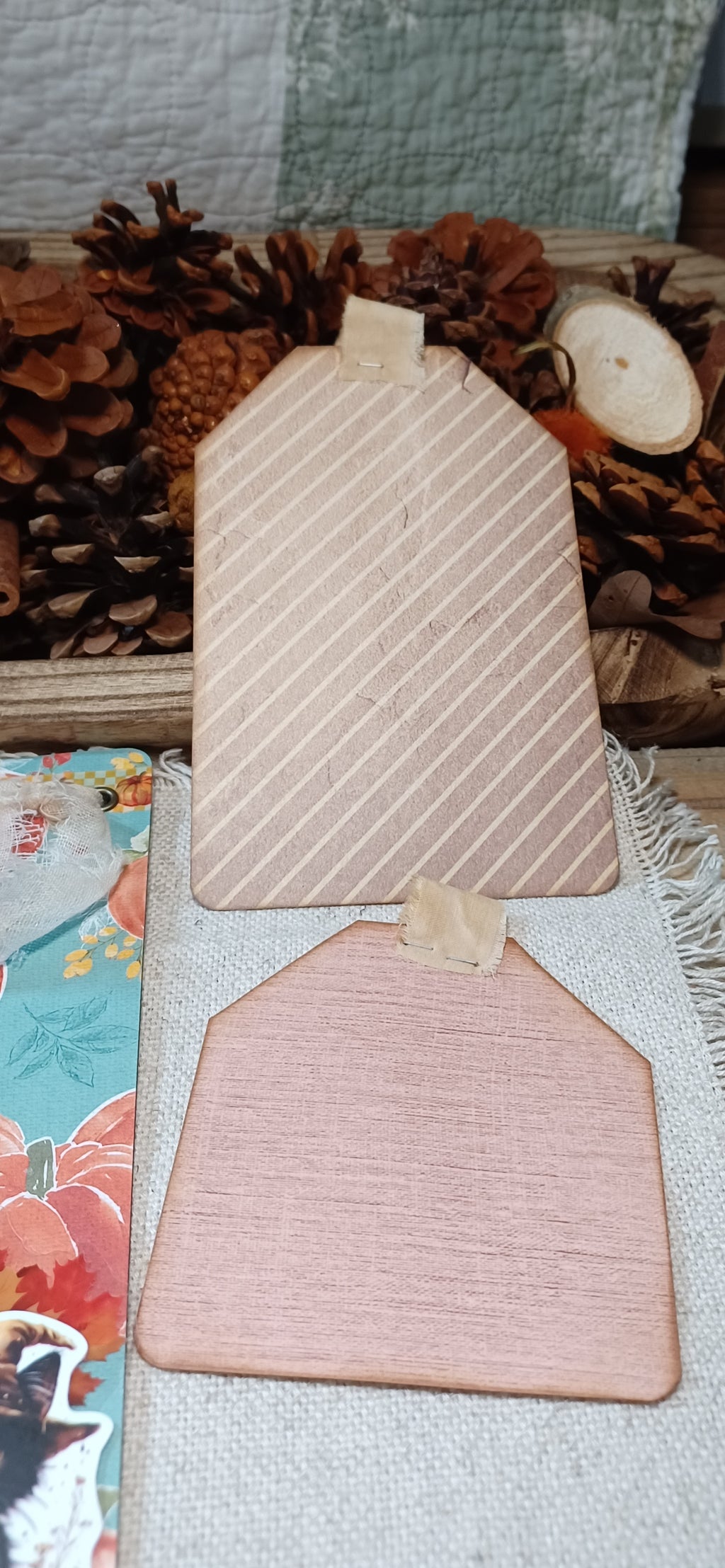 Oversized autumn writing tags with neutral striped and peach paper
