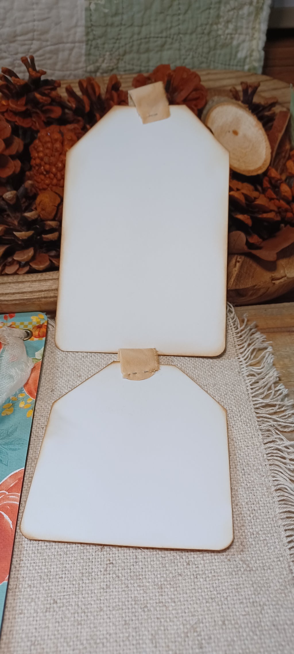 Blank reverse sides of oversized handmade autumn journaling tags
