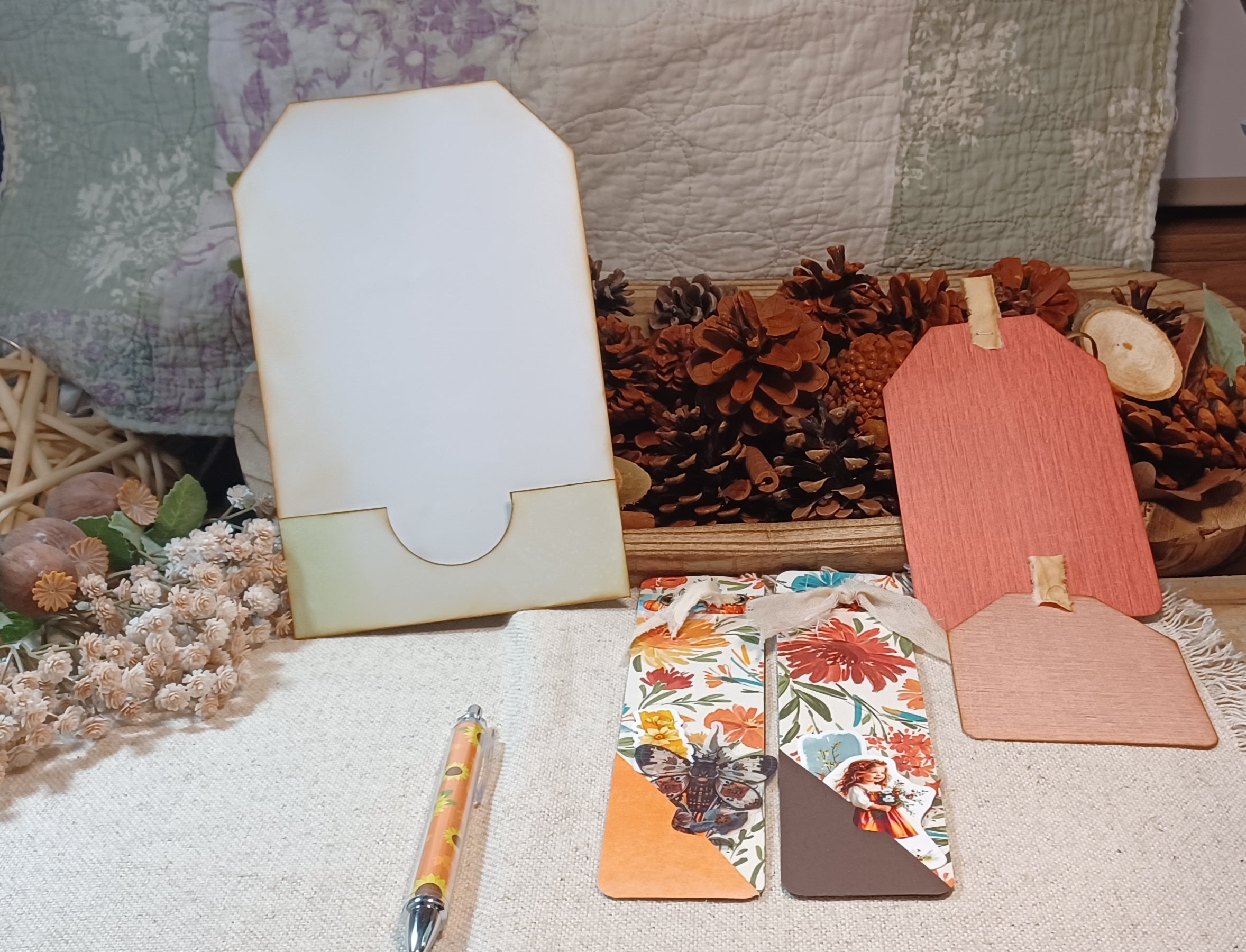 Ivory tag-shaped handmade holder for autumn mini journal collection
