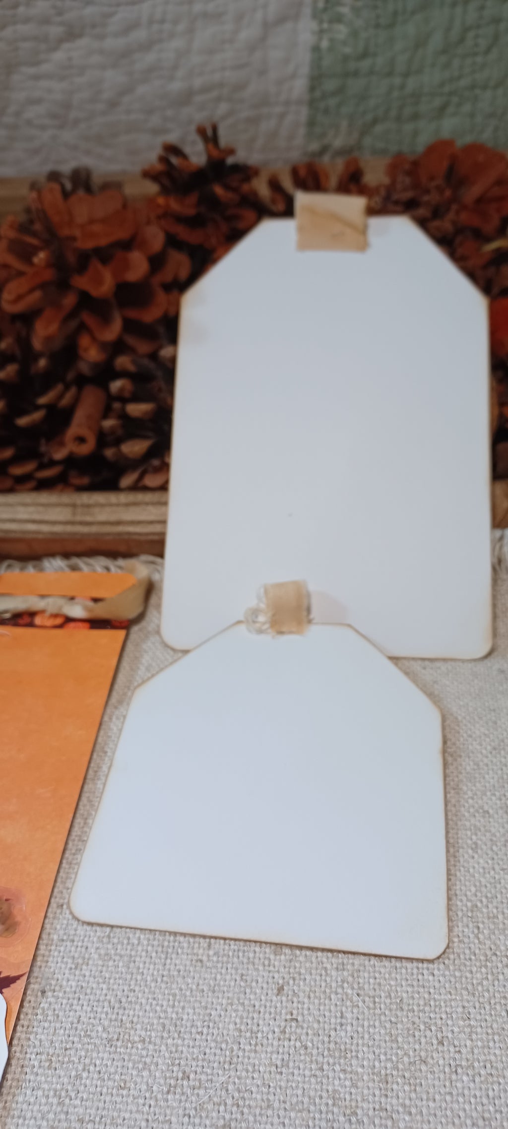Two blank white paper gift tags with small wooden hangers, displayed on a textured fabric surface with pinecones in the background.