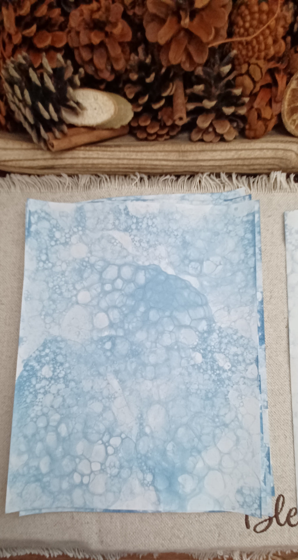 Denim Blue bubble-blown decorative paper showing varied blue bubble rings, clusters, and open areas