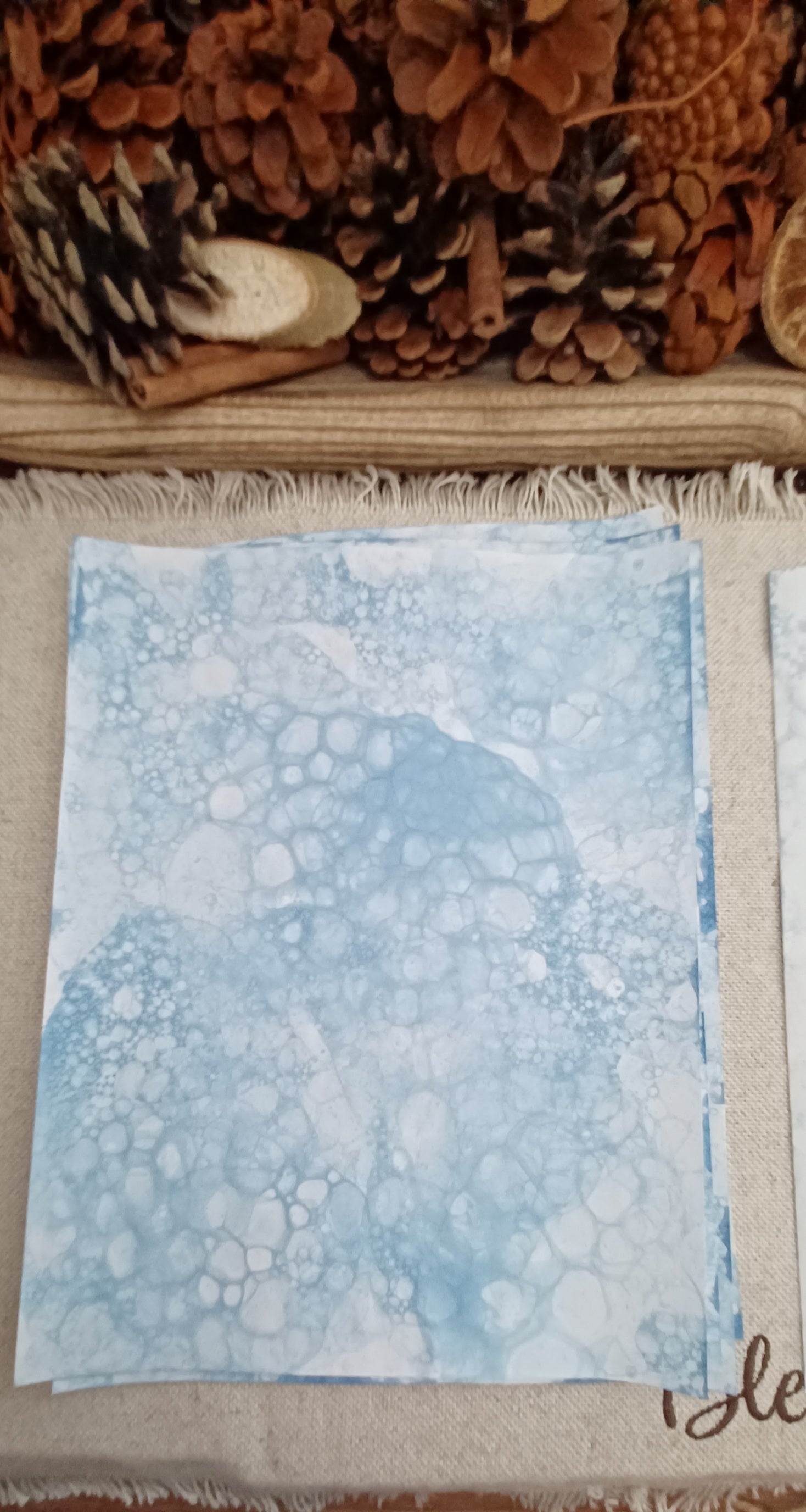 Denim Blue bubble-blown decorative paper showing varied blue bubble rings, clusters, and open areas