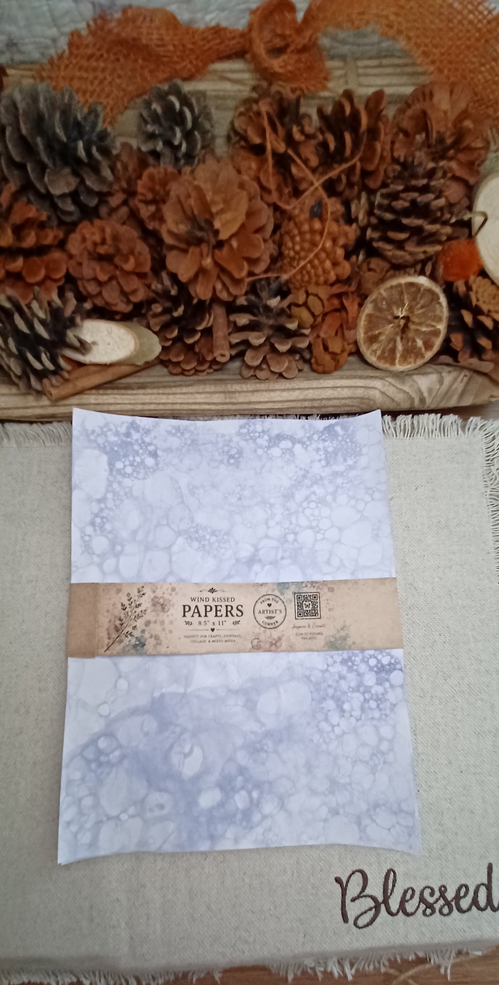 Coordinating set of five Purple bubble-blown decorative papers wrapped with a decorative paper product band