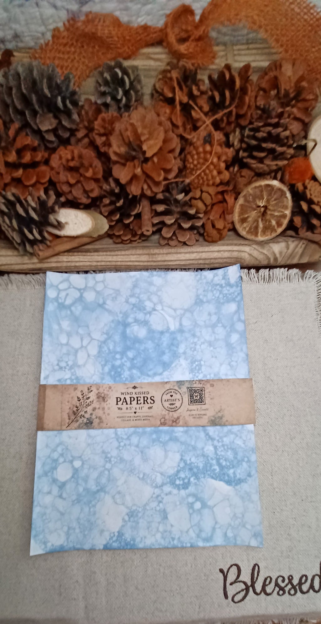 Packaged set of five Denim Blue bubble-blown decorative papers handmade by Butterfly in the Attic