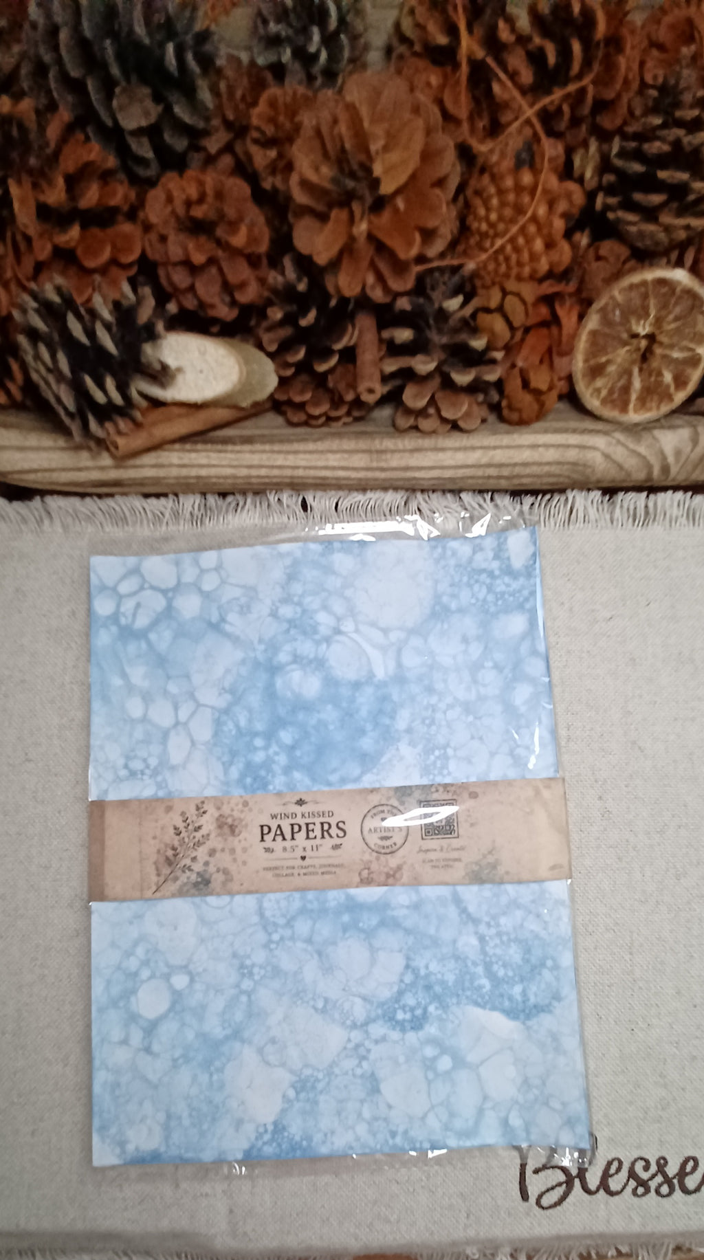 Packaged set of five Denim Blue bubble-blown decorative papers handmade by Butterfly in the Attic