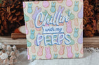 Chillin’ with my PEEPS Easter bunny decoupage napkin displayed against a rustic botanical background.
