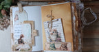Cat and kitten paper ephemera arranged inside pockets and layers of handmade junk journal.