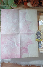Soft pink page inside handmade vintage cat journal with layered lace and decorative details.