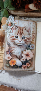 Vintage kitten feature page inside Whiskers & Lace handmade cat junk journal.