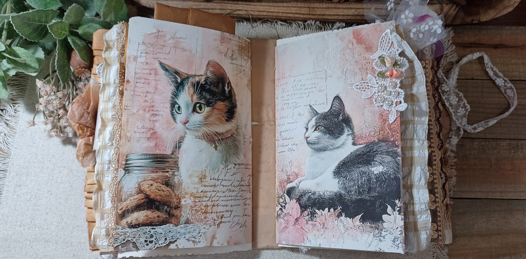Decorative corner and page-edge embellishments inside the lace-filled handmade cat junk journal.