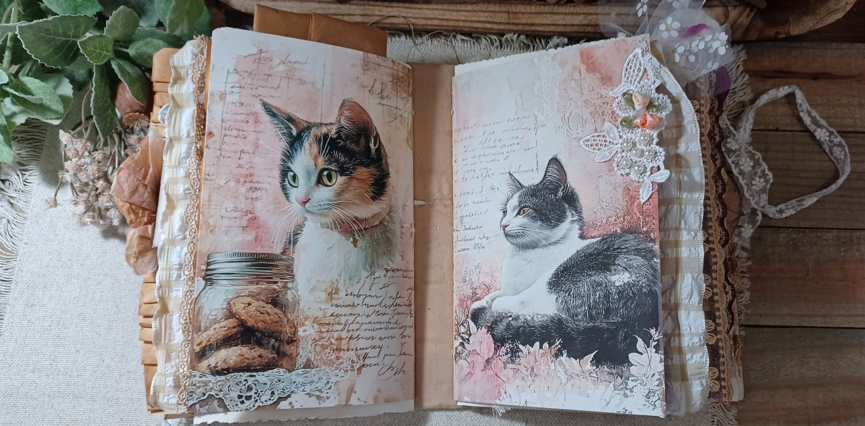 Decorative corner and page-edge embellishments inside the lace-filled handmade cat junk journal.