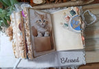Cat-themed handmade journal page combining vintage kitten imagery with space for personal writing.