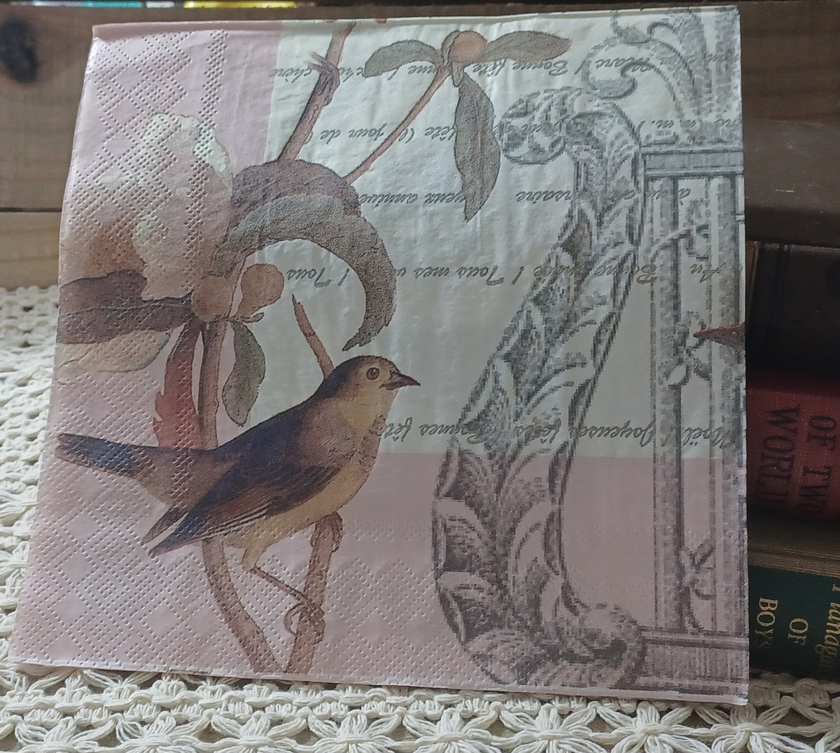 Vintage-style pink bird and old letters paper napkin displayed upright beside antique books on a cream crocheted textile.