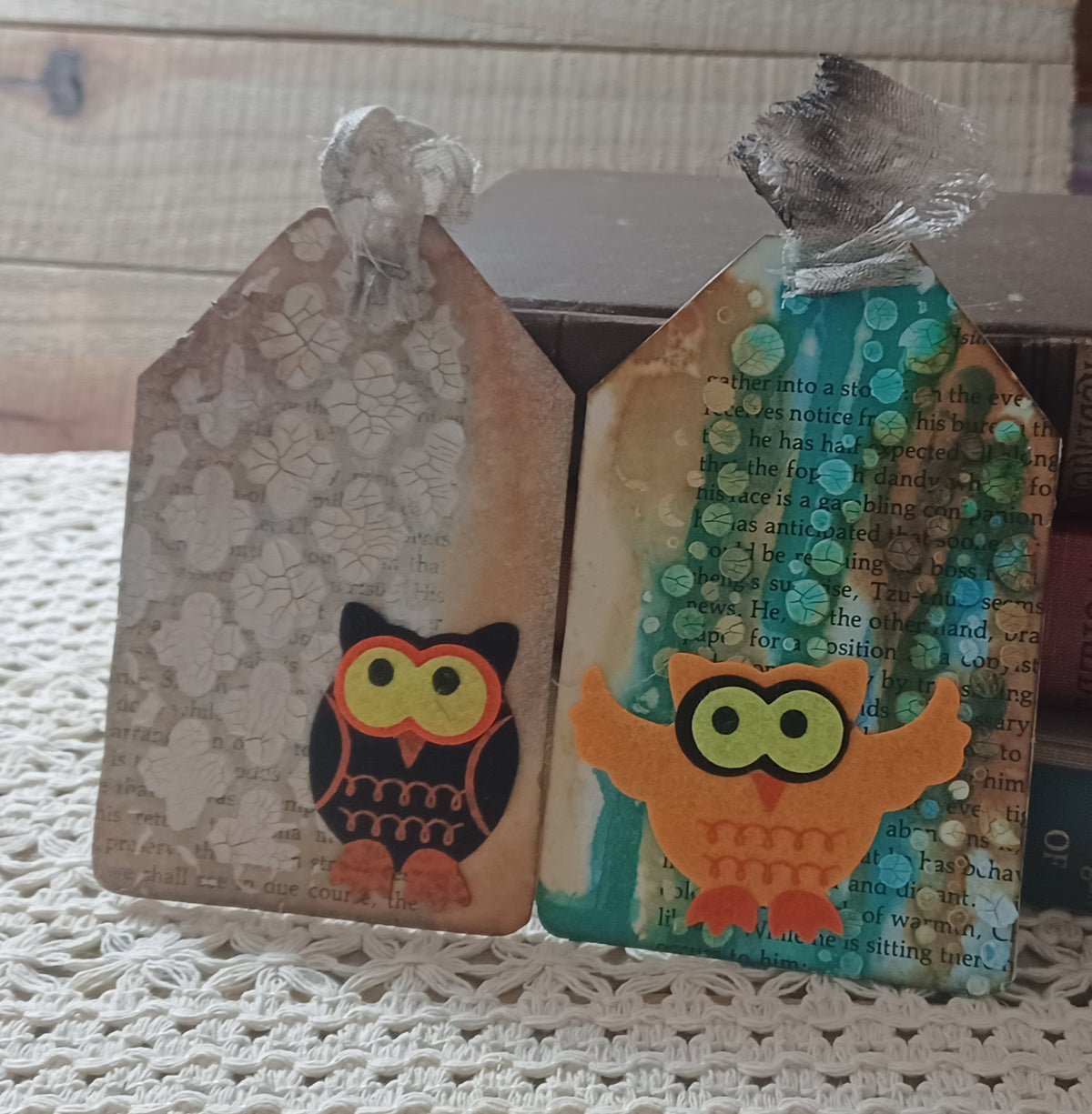 Handmade Halloween owl tags with vintage book text, orange owls and distressed turquoise and neutral backgrounds
