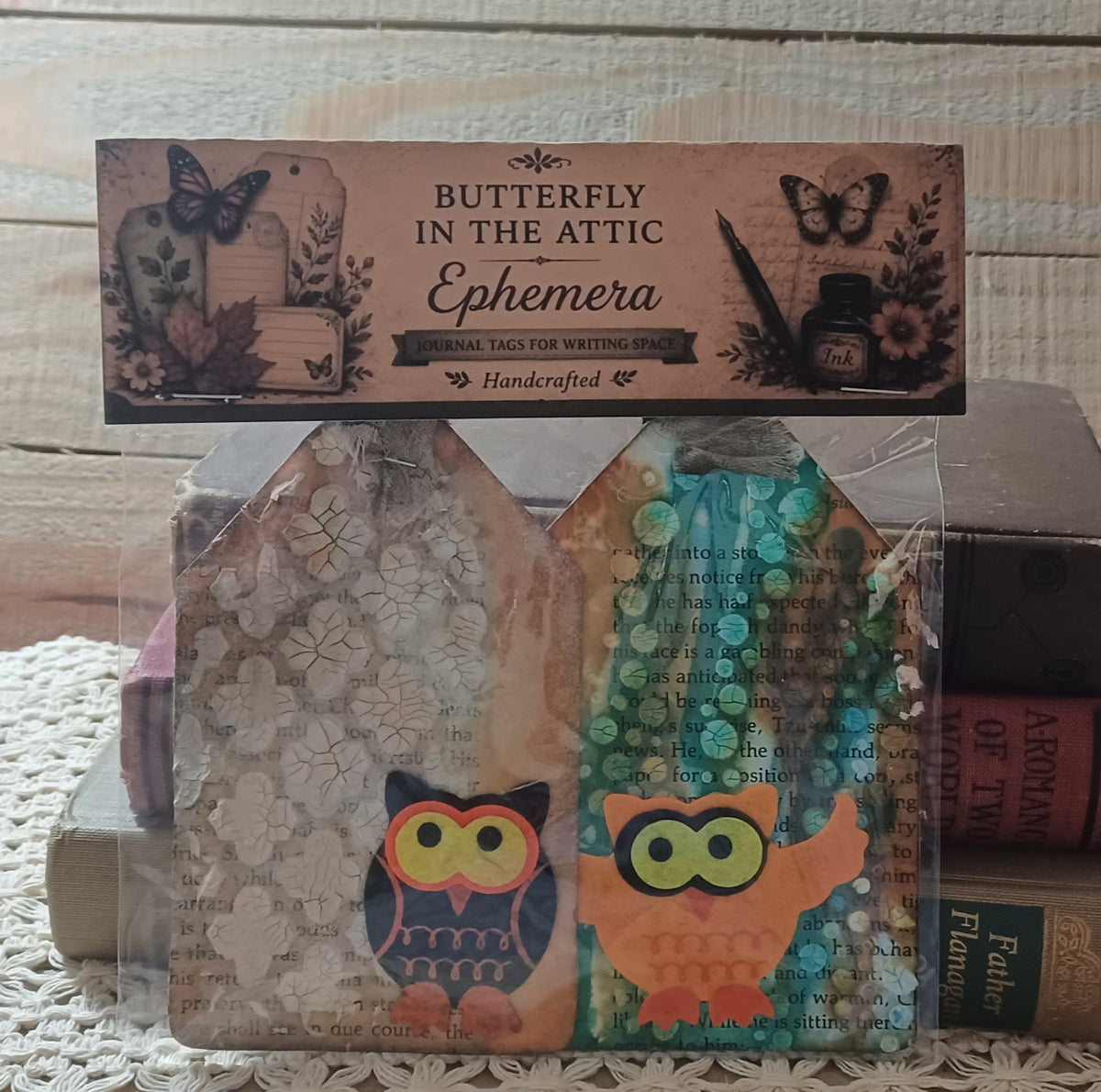 Set of two handmade grungy owl journal tags with crackled parchment and turquoise mixed-media backgrounds
