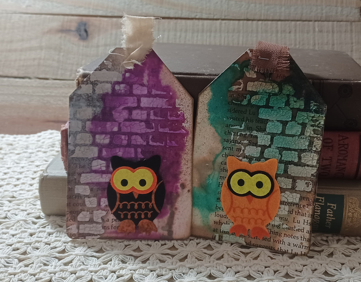 Purple and teal Halloween owl tags with vintage book text, distressed brick texture and fabric ties