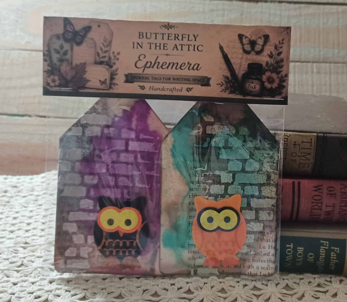Set of two handmade grungy owl journal tags with purple and teal crackled mixed-media backgrounds