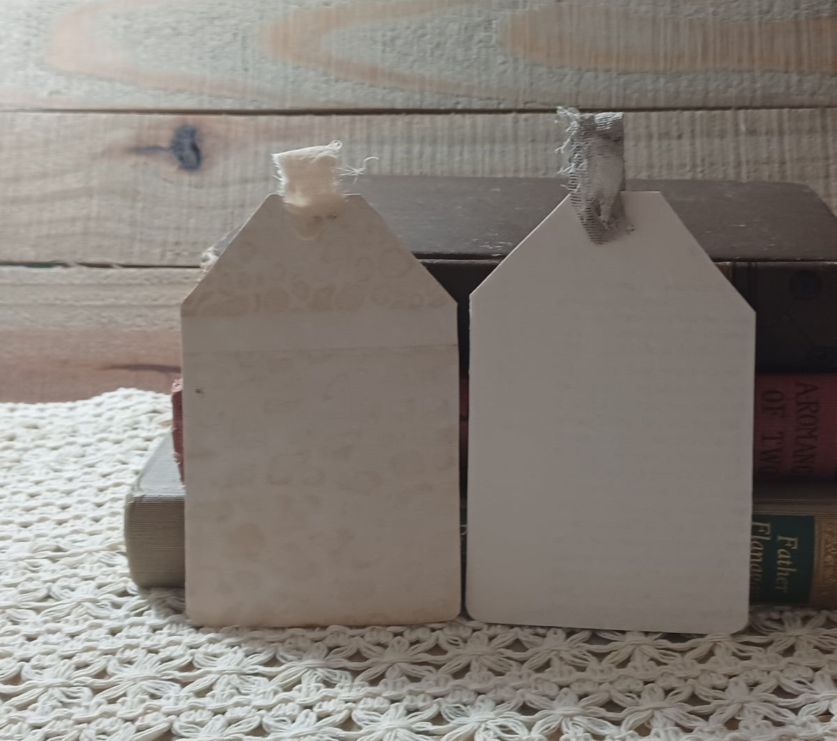 Handmade grungy owl journal tag set showing layered distressed surfaces and frayed fabric ties
