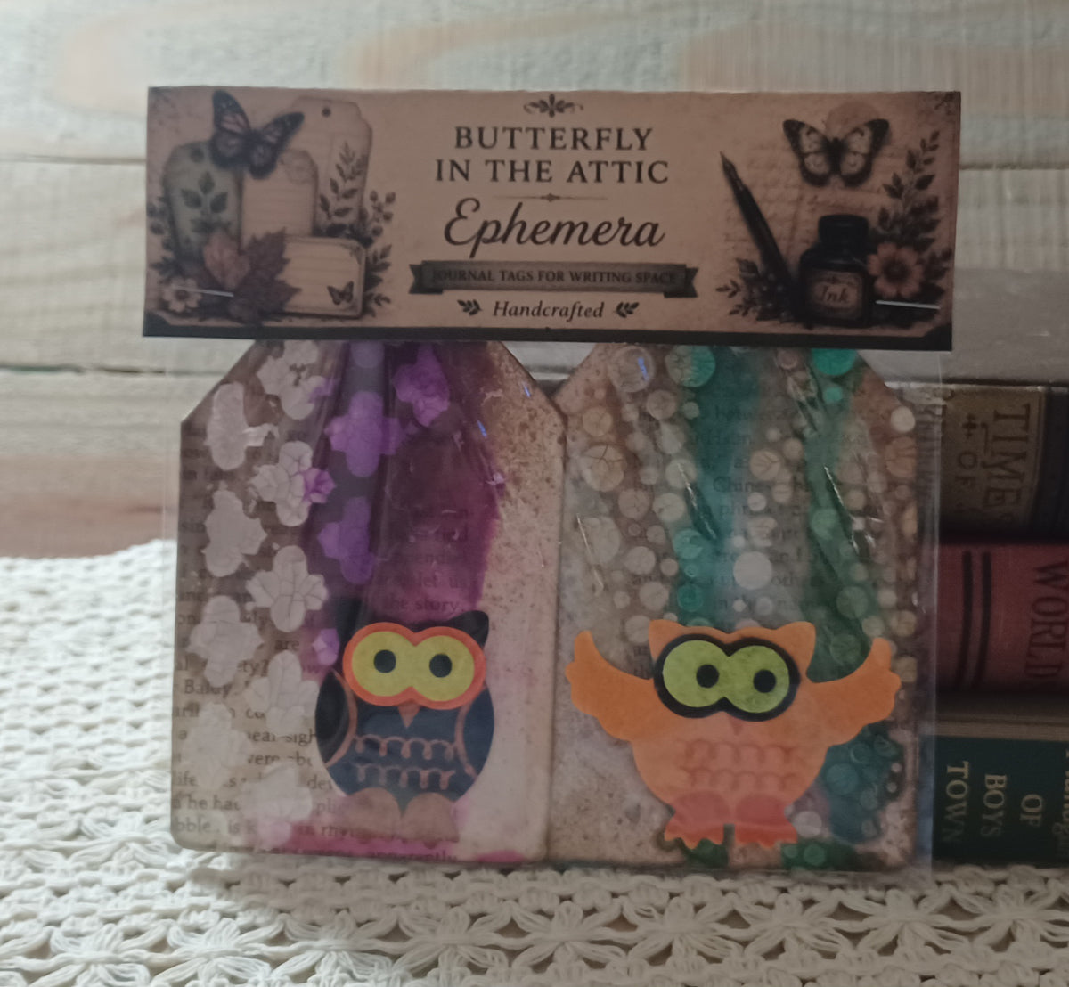 Set of two handmade grungy owl journal tags with teal and plum distressed peeling-paint backgrounds