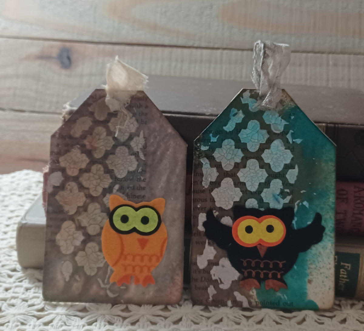 Orange and black owl journal tags layered with vintage book text, teal color and aged ivory crackle