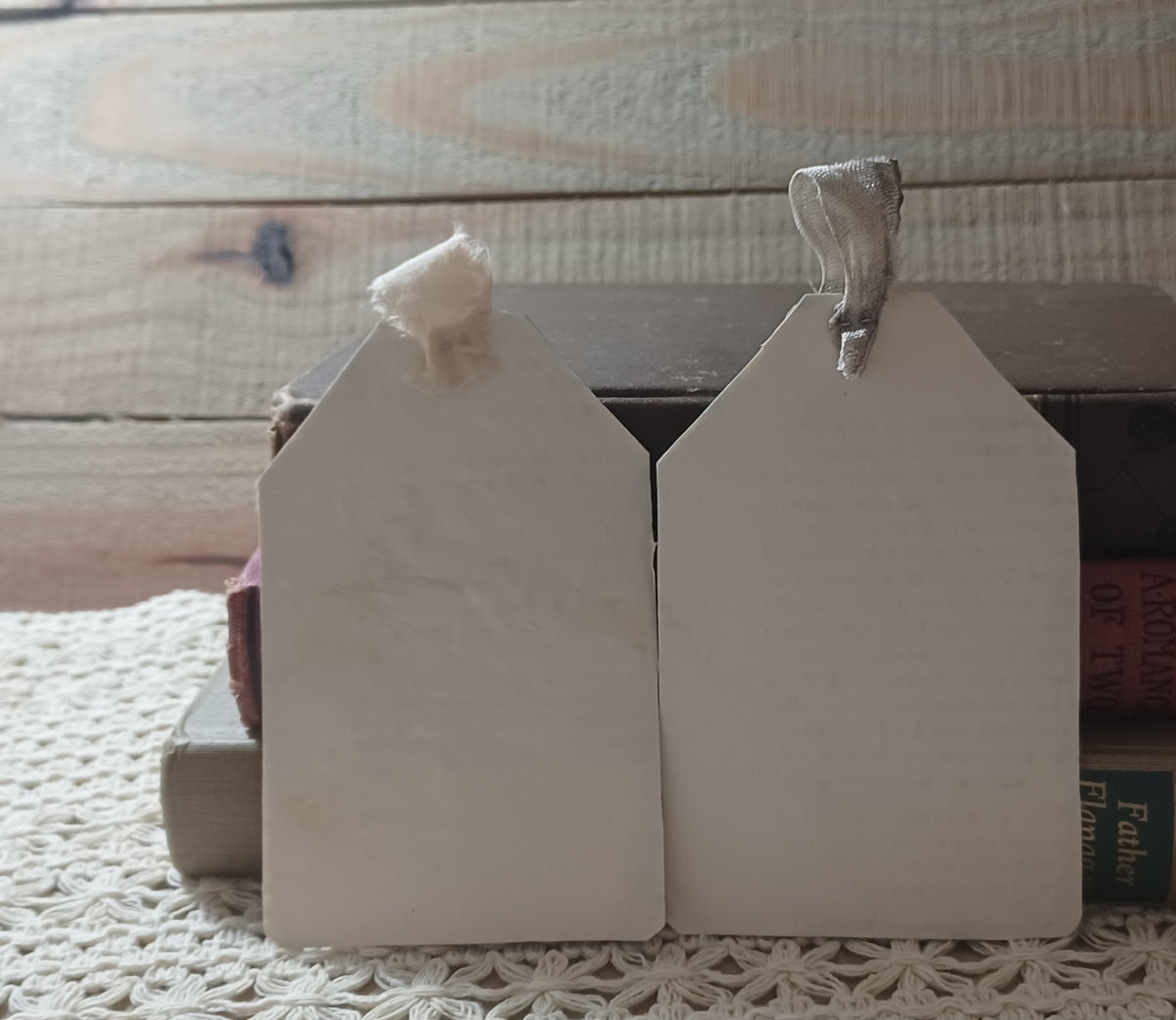 One-of-a-kind handmade owl journal tag set with frayed fabric ties and distressed layered backgroun
