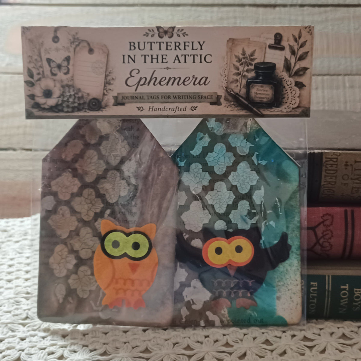 Set of two handmade owl journal tags with smoky mauve and turquoise distressed backgrounds and crackled plaster texture