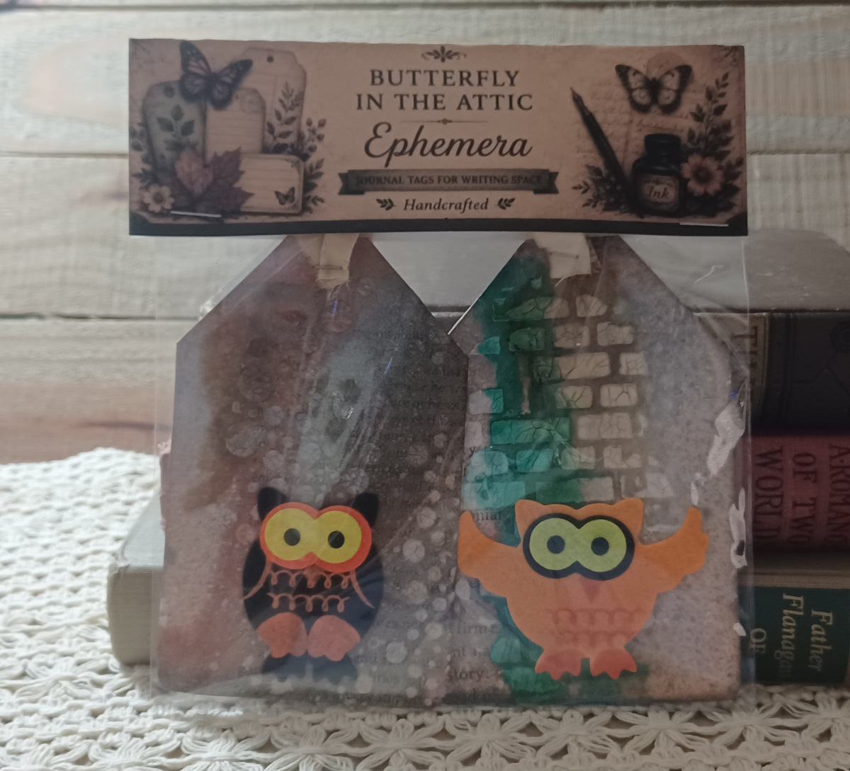 Set of two handmade grungy owl journal tags with emerald teal, smoky rust and distressed vintage book-page backgrounds