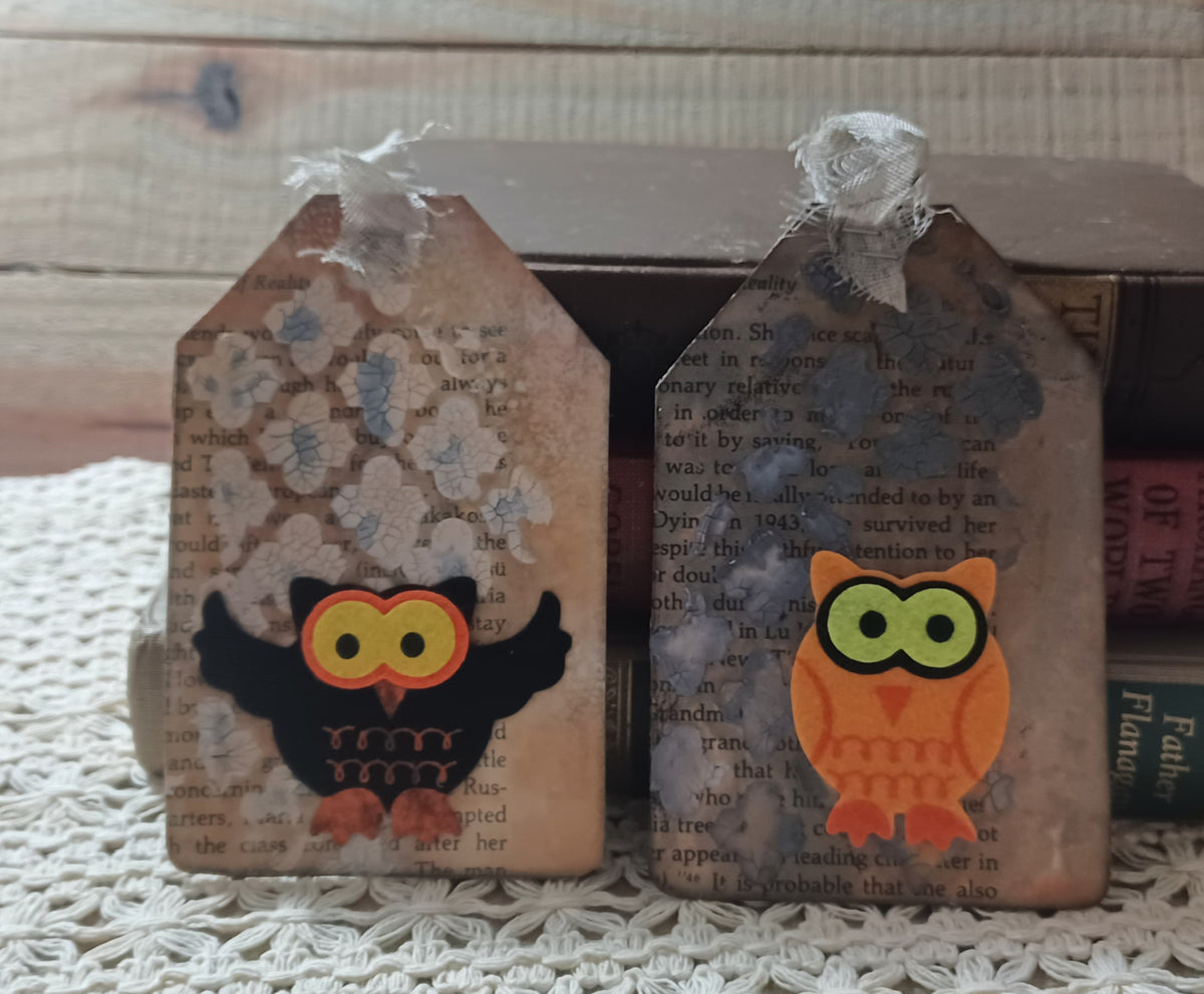 Set of two handmade owl journal tags with aged book text and faded blue-gray crackled backgrounds
