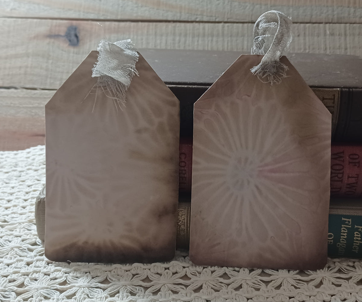 Handmade grungy owl journal tags showing aged paper, blue-gray crackle and contrasting owl designs