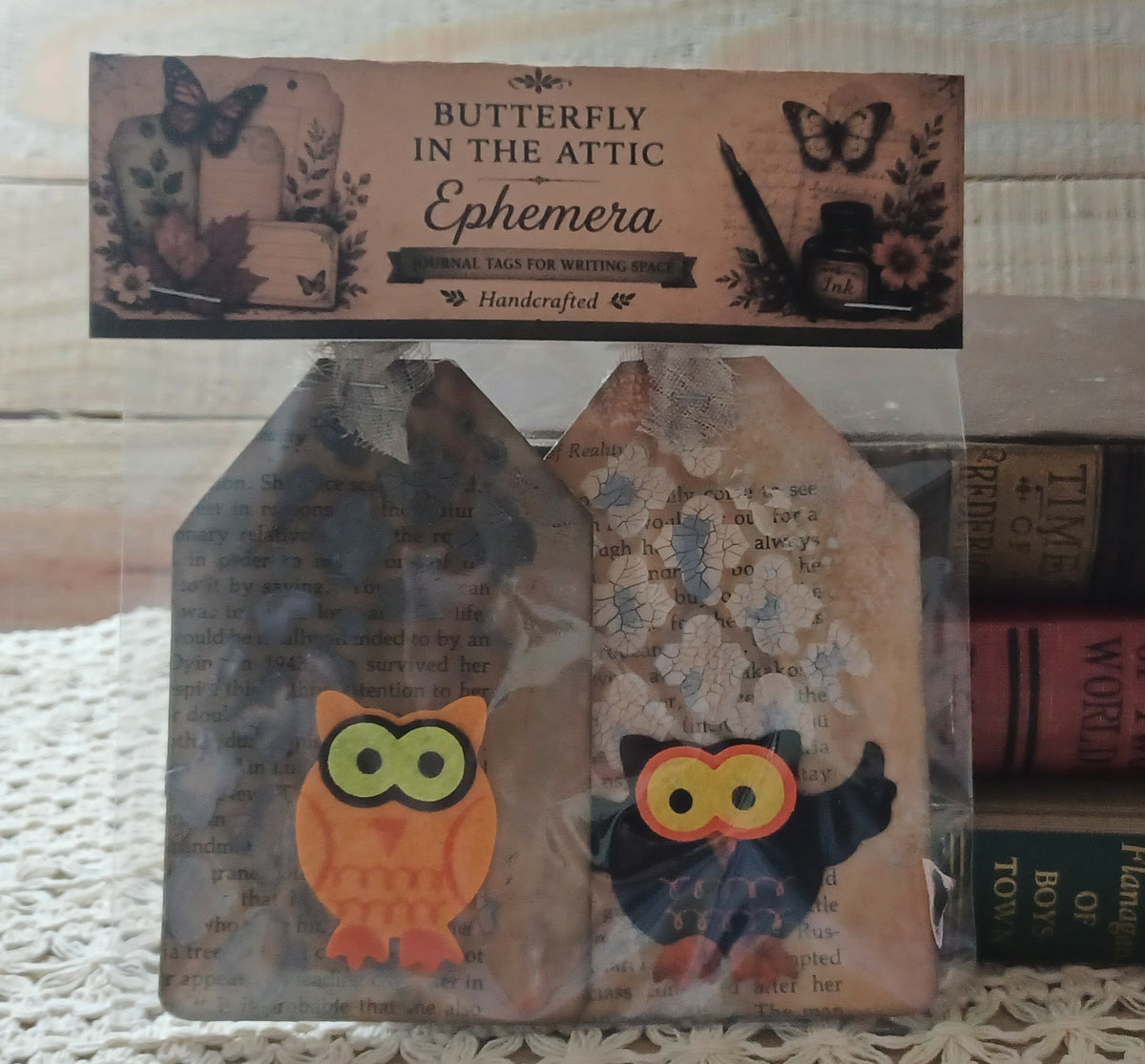 Halloween owl journal tags with dusty blue-gray mixed-media layers and distressed vintage book pages