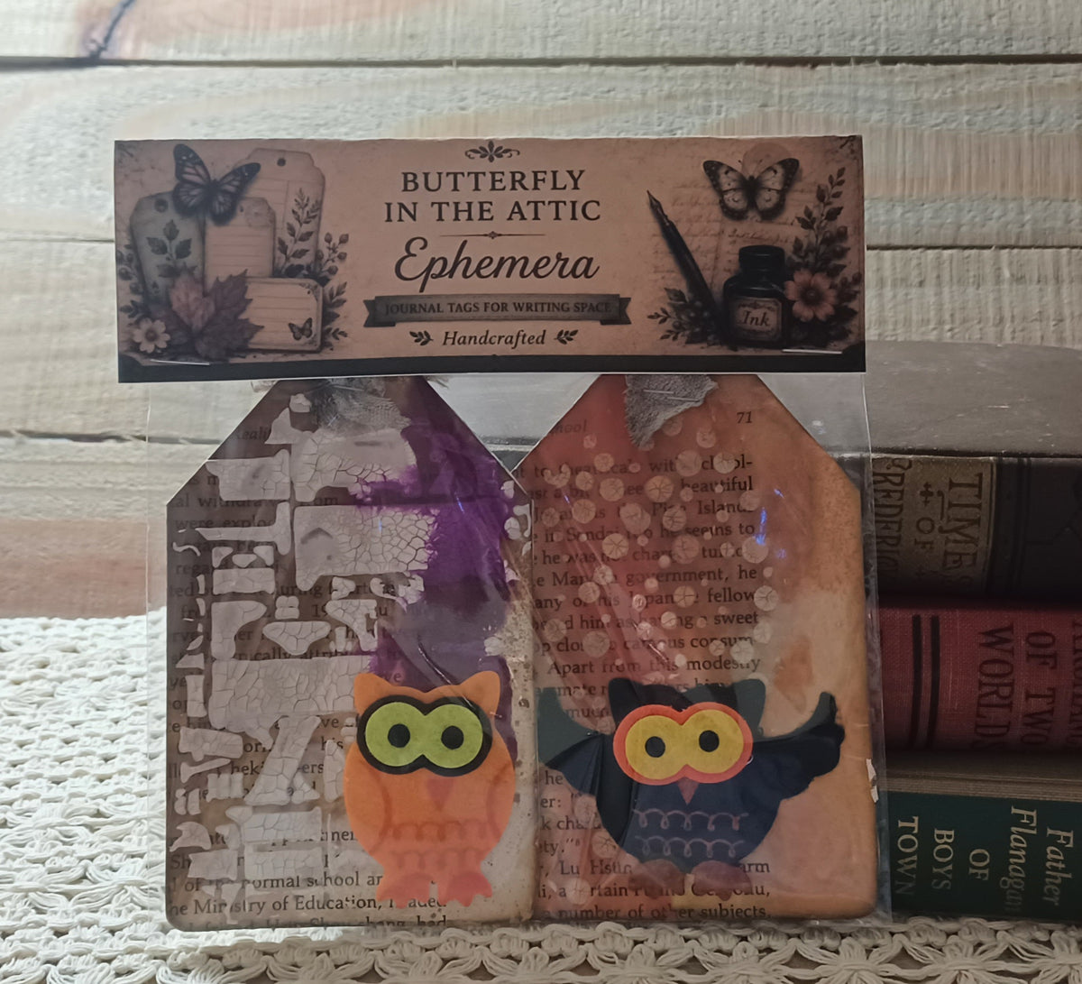 Set of two handmade owl journal tags with aged terracotta and violet crackled vintage book-page backgrounds